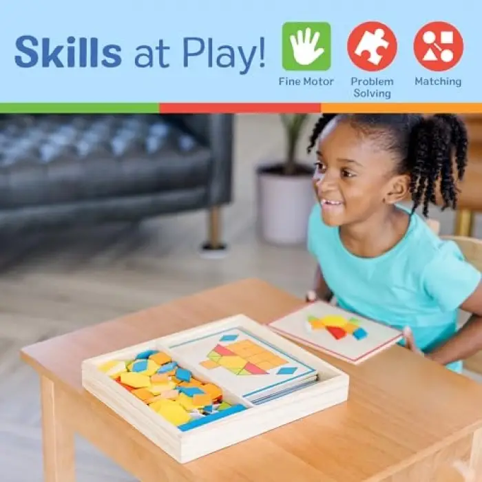 Pattern Blocks and Boards - Classic Toy With 120 Solid Wood Shapes and 5 Double-Sided Panels
