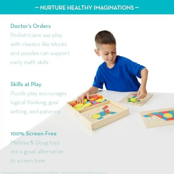 Pattern Blocks and Boards - Classic Toy With 120 Solid Wood Shapes and 5 Double-Sided Panels