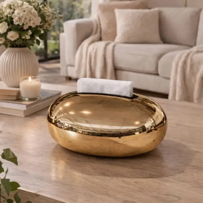Peçetelik; Parlak Gold Oval, Lüks Dekoratif Sofra & Masa Üstü Peçete Tutucu Aksesuar