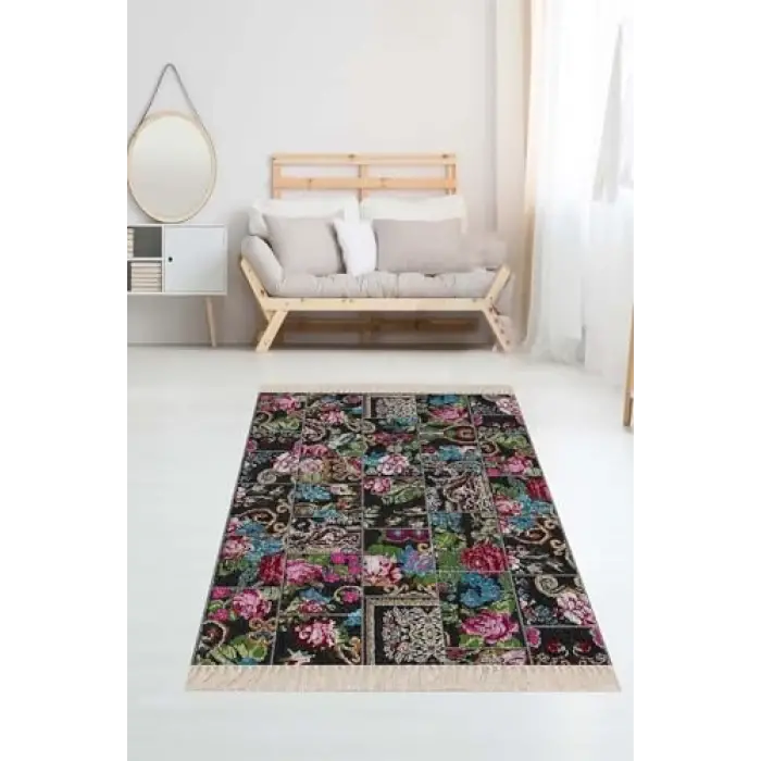Pelangi Patchwork Gül Desenli Halı, Siyah-Mavi 80 x 400