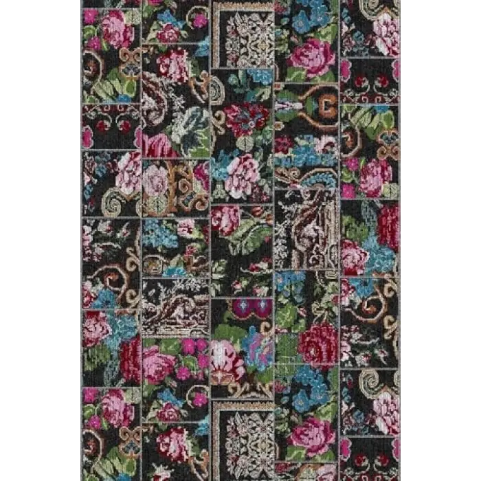 Pelangi Patchwork Gül Desenli Halı, Siyah-Mavi 80 x 400