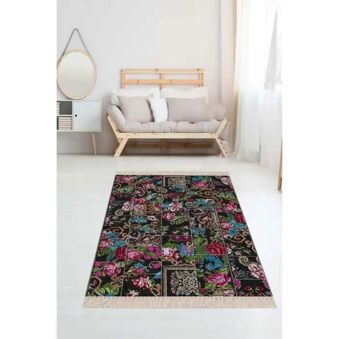 Pelangi Patchwork Gül Desenli Halı, Siyah-Mavi 80 x 400