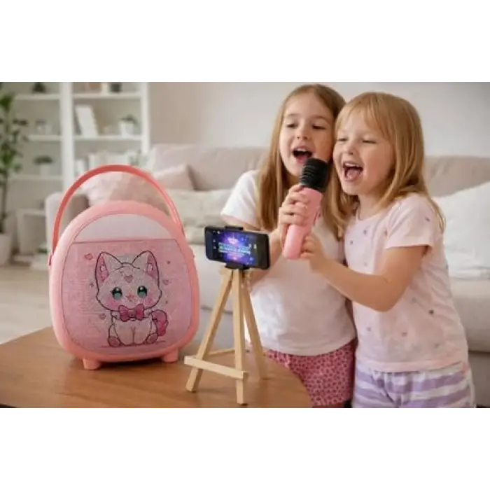 Pembe Bluetooth Karaoke Mikrofonu, Ahşap Tripodlu