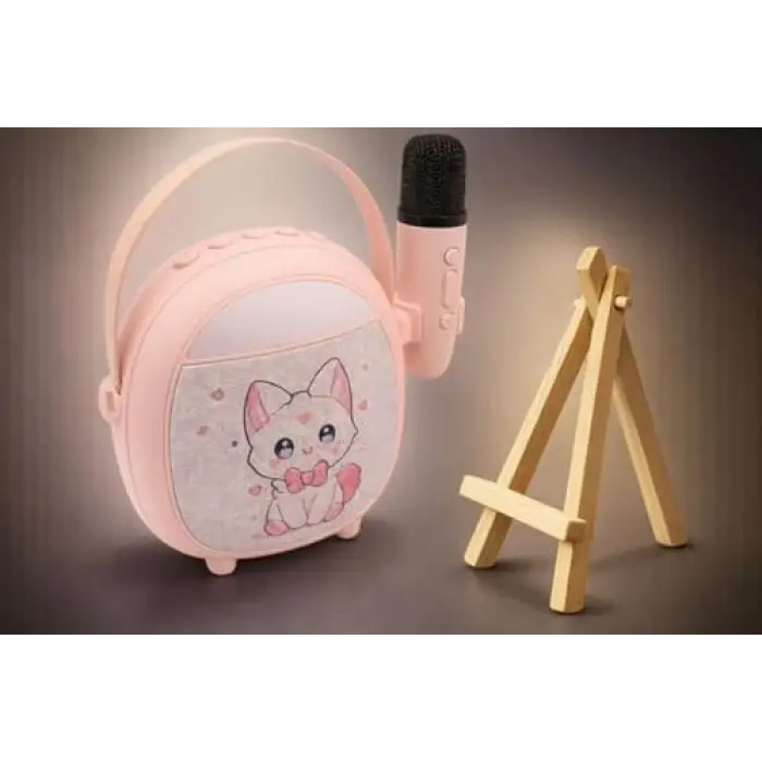 Pembe Bluetooth Karaoke Mikrofonu, Ahşap Tripodlu
