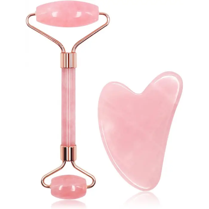 Pembe kuvars Face Roller ve kalp Gua Sha doğal taş yüz masaj seti