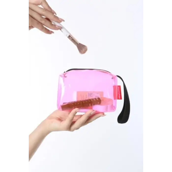 Pembe Şeffaf Dikdörtgen Form Makyaj Çantası