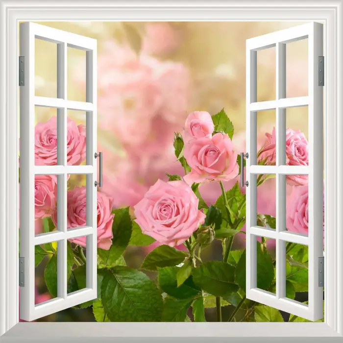 Pencere Poster Duvar Kağıdı Pembe Güller Yapışkanlı Sticker