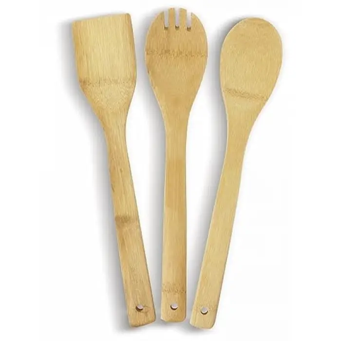 Pişirme kaşığı bambu 3 parça spatula ahşap çatal, mutfak yardımcısı 30 cm