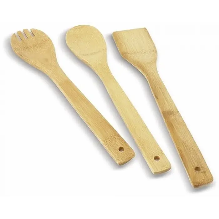 Pişirme kaşığı bambu 3 parça spatula ahşap çatal, mutfak yardımcısı 30 cm