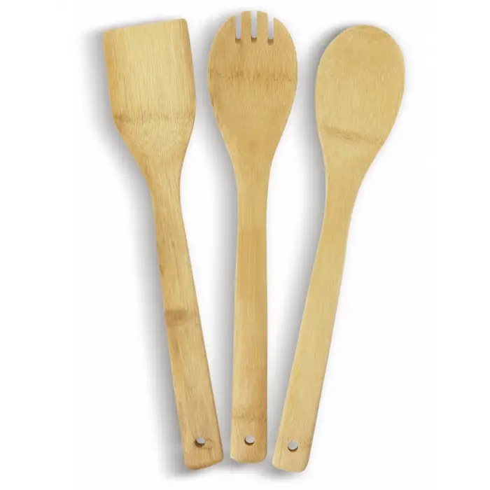 Pişirme kaşığı bambu 3 parça spatula ahşap çatal, mutfak yardımcısı 30 cm