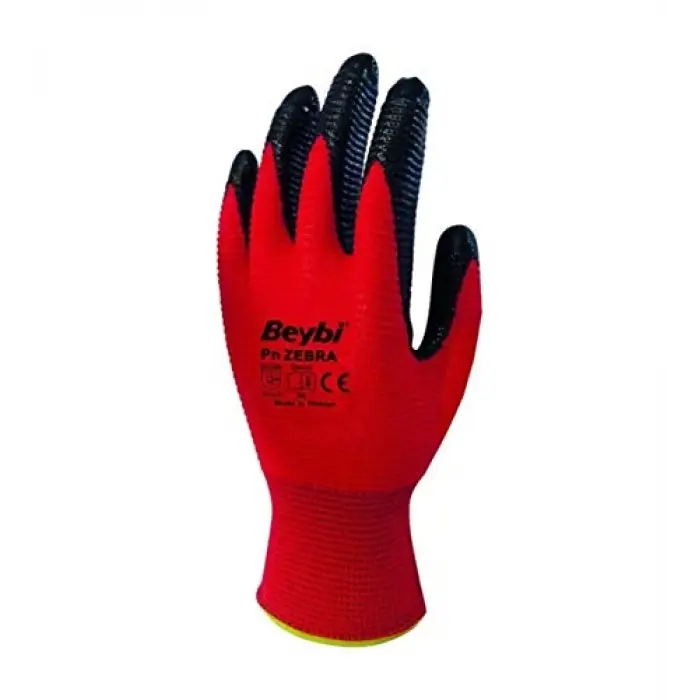 PN Zebra Kırmızı Polyester Örme Nitril Eldiven, No 10, Çift