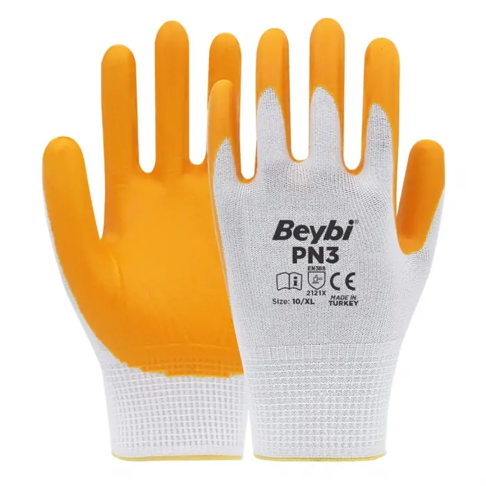 PN3 Beyaz Sarı 10 Beden Polyester Örme Nitril Eldiven Tekli Paket