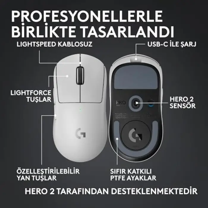 Pro X Superlight 2C Kablosuz Oyuncu Mouse, Hafif, Hero 2 Sensör, 32.000 DPI, Beyaz