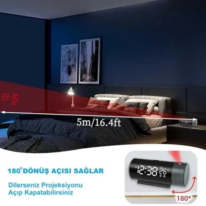 Projeksiyonlu Silindir USB Güç LED Ekran Çalar Saat Sıcaklık Çift Alarm