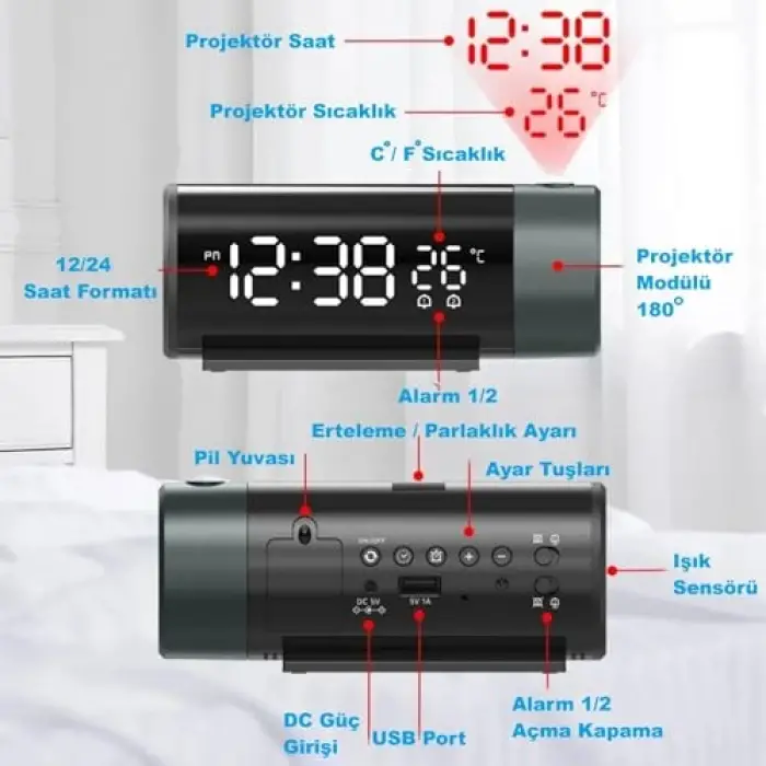 Projeksiyonlu Silindir USB Güç LED Ekran Çalar Saat Sıcaklık Çift Alarm