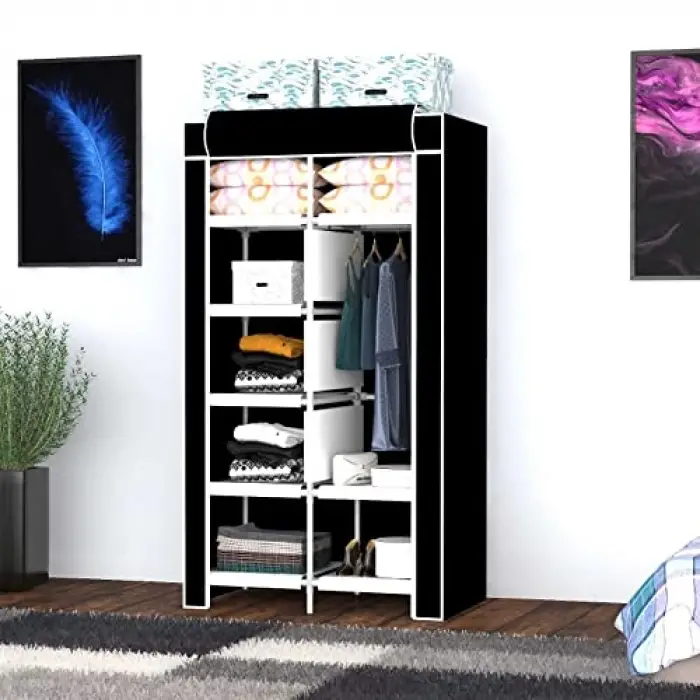 Raflı Askılı Çok Amaçlı Mini Bez Dolap (Siyah)