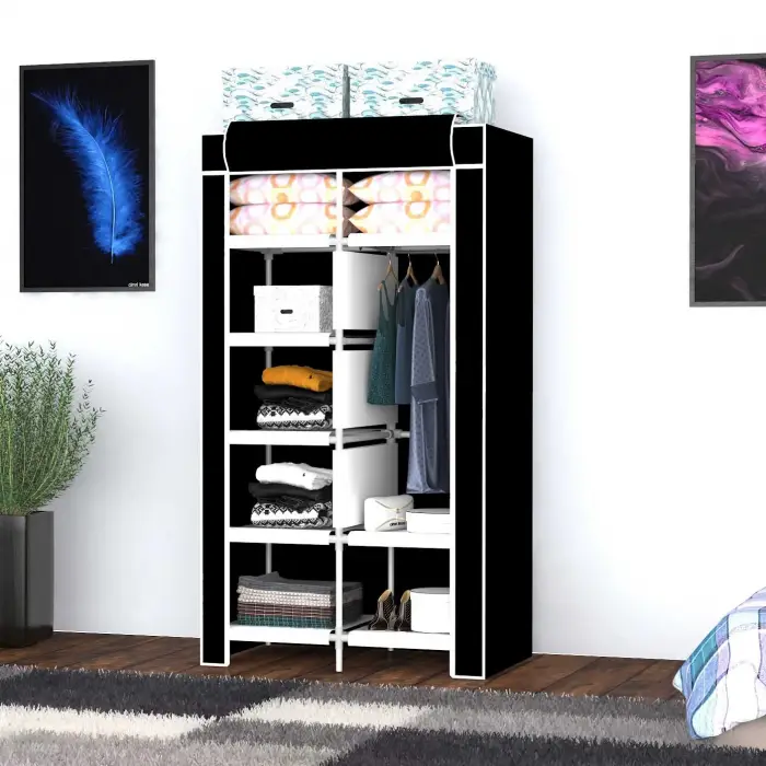 Raflı Askılı Çok Amaçlı Mini Bez Dolap (Siyah)