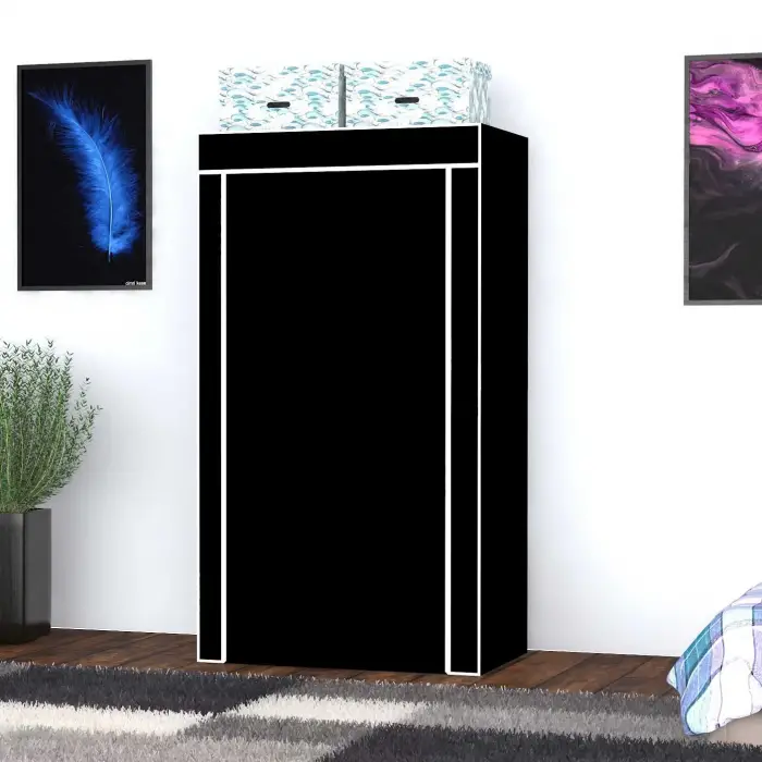 Raflı Askılı Çok Amaçlı Mini Bez Dolap (Siyah)