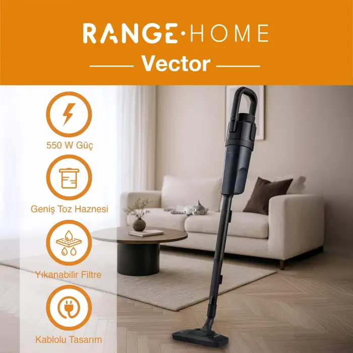 Range Vector Kablolu Dik Süpürge Turbo Başlık 0,5 L Toz Hacmi
