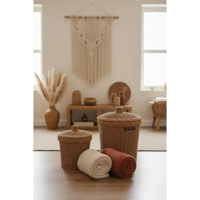 Rattan Konik 2li Kapaklı Sepet