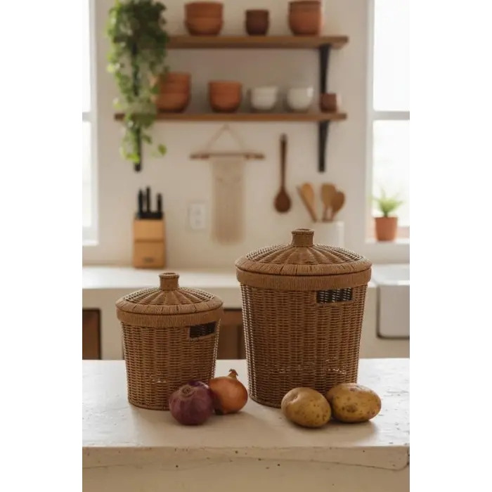 Rattan Konik 2li Kapaklı Sepet