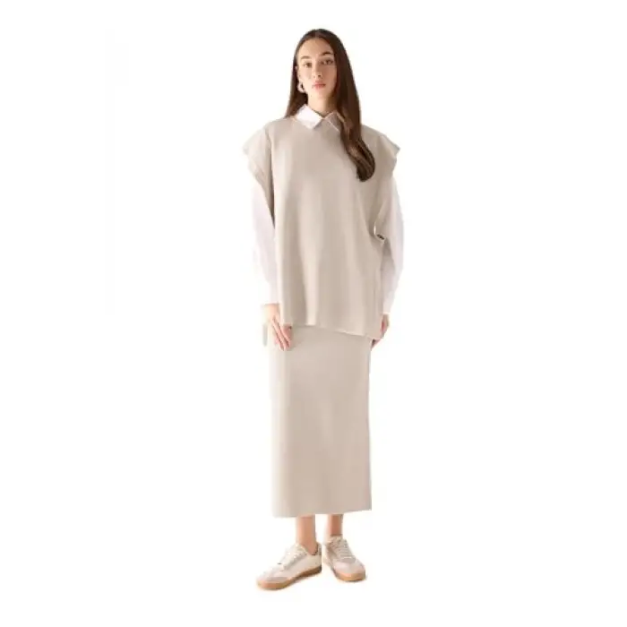 Regular Fit Basic Düz Maxi Siyah Triko Etek Gri Std