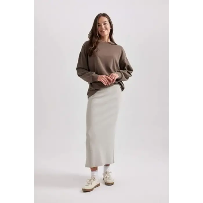 Regular Fit Basic Düz Maxi Siyah Triko Etek Gri Std