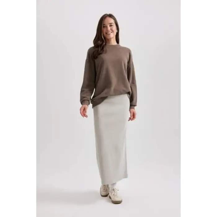 Regular Fit Basic Düz Maxi Siyah Triko Etek Gri Std
