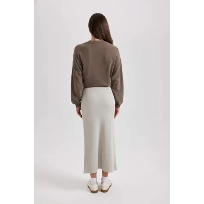 Regular Fit Basic Düz Maxi Siyah Triko Etek Gri Std