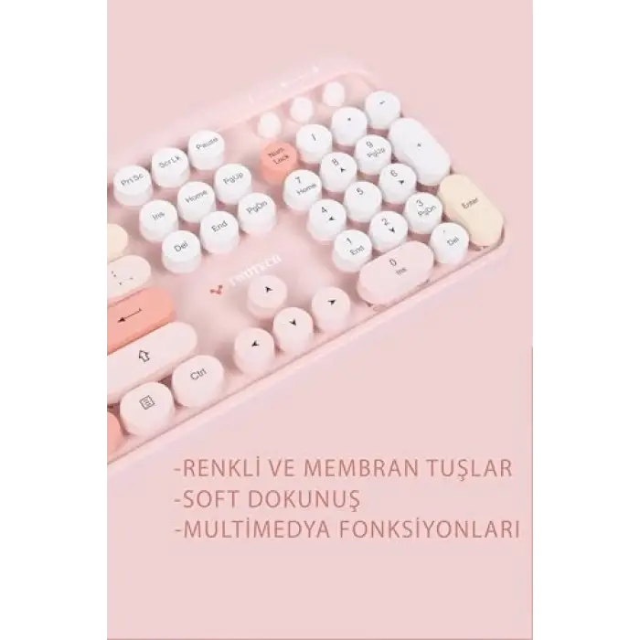 Renkli Tuşlu Kablosuz Türkçe Klavye+Mouse Seti - Pembe