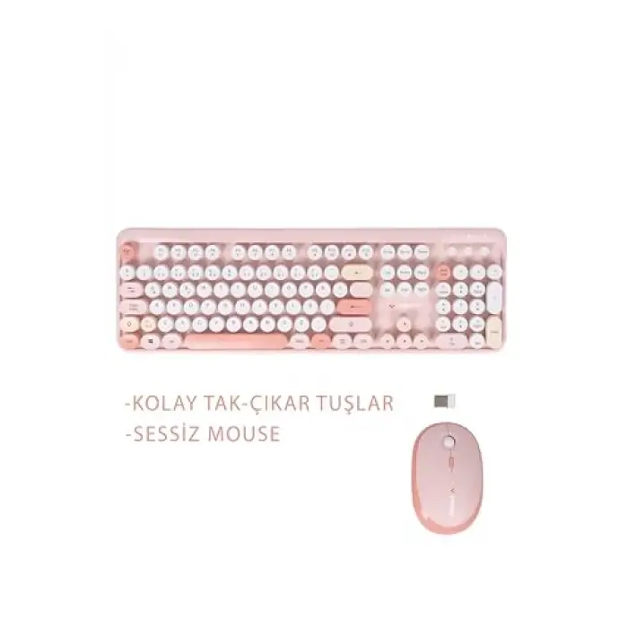 Renkli Tuşlu Kablosuz Türkçe Klavye+Mouse Seti - Pembe