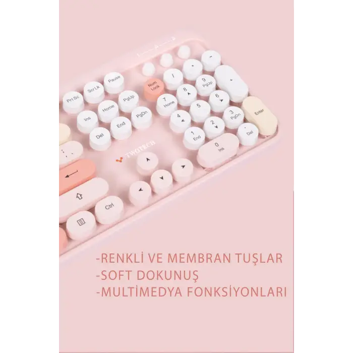 Renkli Tuşlu Kablosuz Türkçe Klavye+Mouse Seti - Pembe