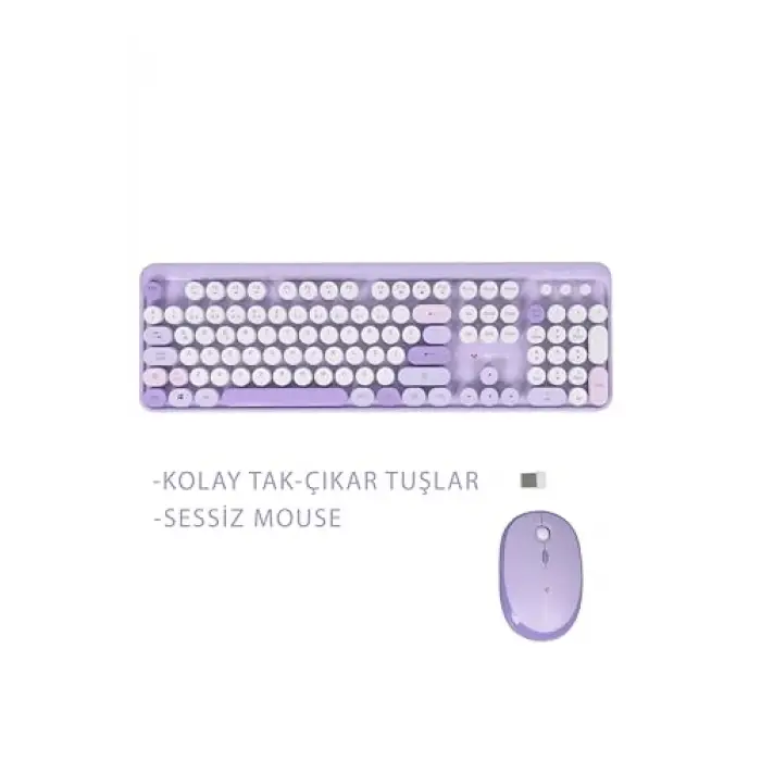 Renkli Tuşlu Kablosuz Türkçe Klavye+Mouse Seti, Uyumlu, Mor
