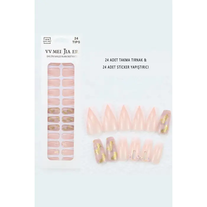 ruby face Pembe Yaldızlı Taşlı Takma Tırnak Seti pembe
