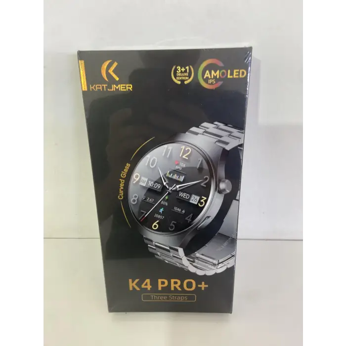 Saat; Katjmer K4 Pro+ Akıllı, AMOLED Ips, Curved Glass, 3 Kordon | Çelik Kordon Dahil, Deri Kordon Dahil, Silikon Kordon Dahil, Deluxe Edition, Fere Fit Uyumlu