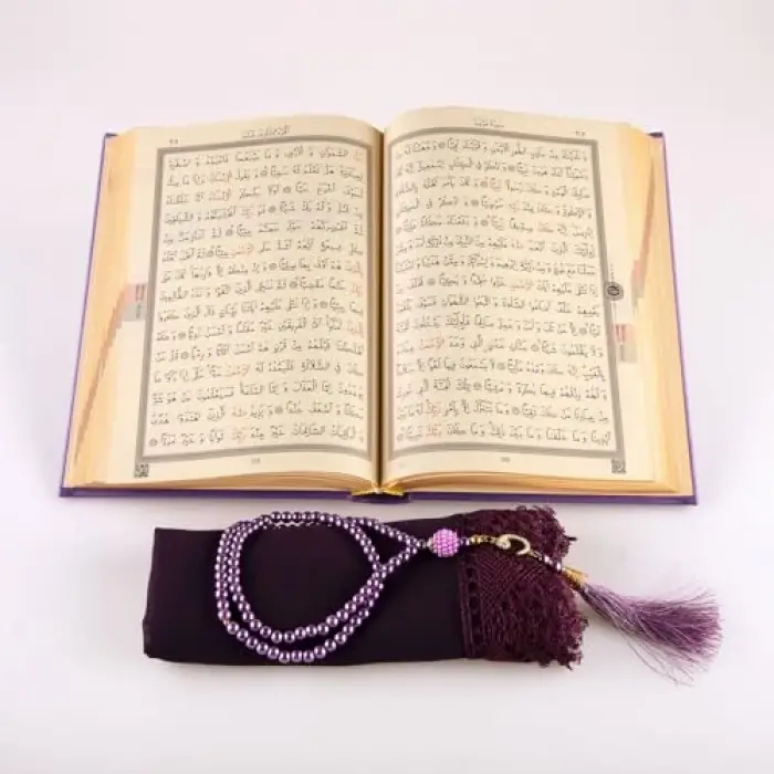Şal, Tesbih ve Kuran Hediye Seti, Hafız Boy, Termo Deri, Mor