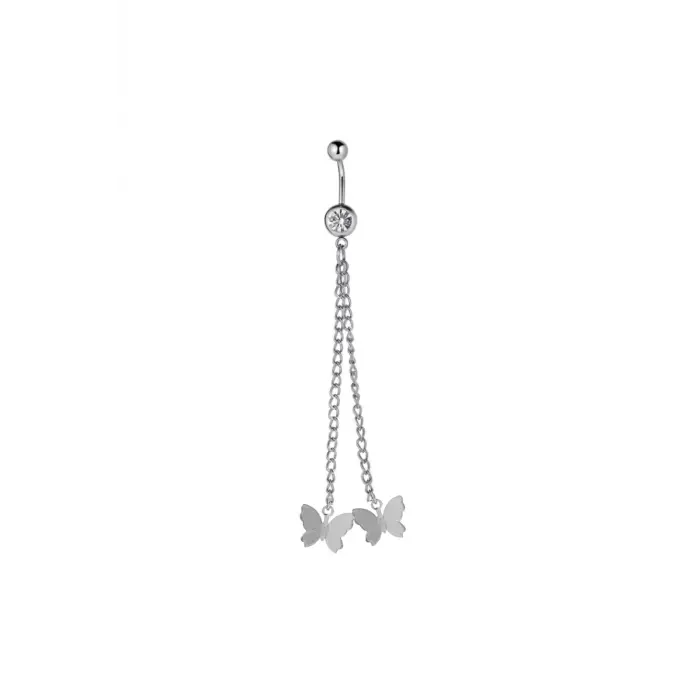 Sallantılı Taşlı Çelik Göbek Piercing, Gümüş