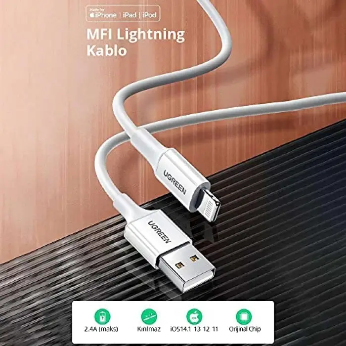 Şarj Kablosu, iPhone Lightning 2.4A Data ve, Siyah 1 Metre