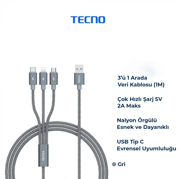 Şarj ve Veri Kablosu Tcd-X95 2A 1M, Gri