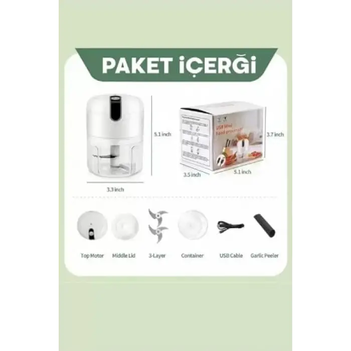 Şarjlı Mini Sarımsak Rondosu, 3 Bıçaklı