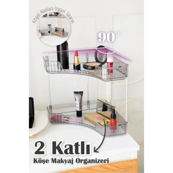 Şeffaf 2 Katlı Köşe Makyaj ve Takı Organizeri