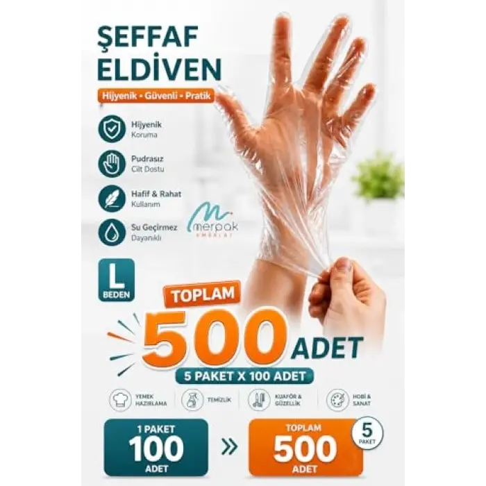 Şeffaf Tek Kullanımlık Poşet Eldiven, 5 x 100 Adet