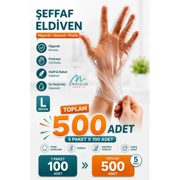 Şeffaf Tek Kullanımlık Poşet Eldiven, 5 x 100 Adet