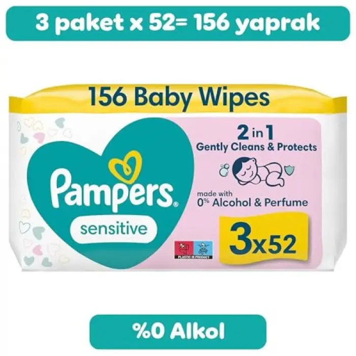 Sensitive Islak Bebek Mendili, 3 paket, 156 Islak Mendil