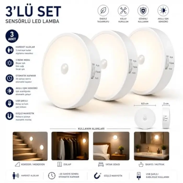 Sensörlü LED Lamba Seti – USB Şarjlı Hareket Sensörlü Gece Lambası, Manyetik Kablosuz Aydınlatma, Dolap, Merdiven, Yatak Odası ve Banyo İçin (3lü Paket)