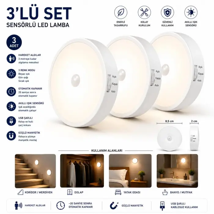 Sensörlü LED Lamba Seti – USB Şarjlı Hareket Sensörlü Gece Lambası, Manyetik Kablosuz Aydınlatma, Dolap, Merdiven, Yatak Odası ve Banyo İçin (3lü Paket)