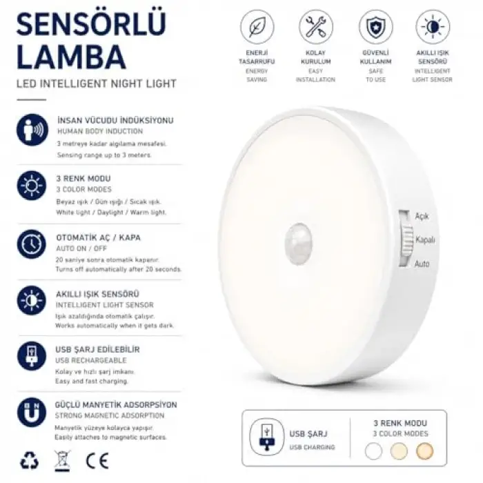 Sensörlü LED Lamba Seti – USB Şarjlı Hareket Sensörlü Gece Lambası, Manyetik Kablosuz Aydınlatma, Dolap, Merdiven, Yatak Odası ve Banyo İçin (3lü Paket)