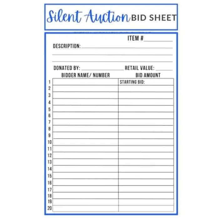Silent Auction Sheets, 6 x 9 inches, 100 Pages
