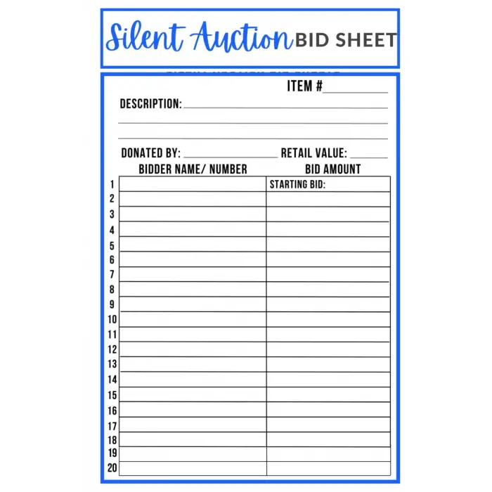 Silent Auction Sheets, 6 x 9 inches, 100 Pages