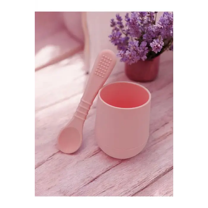 Silikon 2li Bebek Alıştırma Bardağı ve Kaşığı Pembe